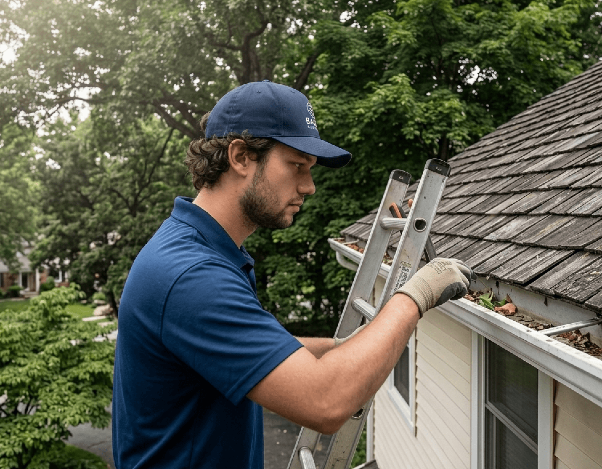 Badger Gutters technician inspecting a gutter run on a Charlotte, NC home